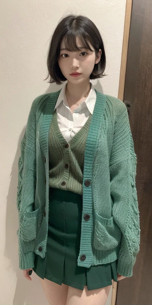 (masterpiece, best quality, highres), arima kana (oshi no ko), cyan cardigan, sweater, dark_green_shirt,miniskirt, standing, open open clothes, solo,