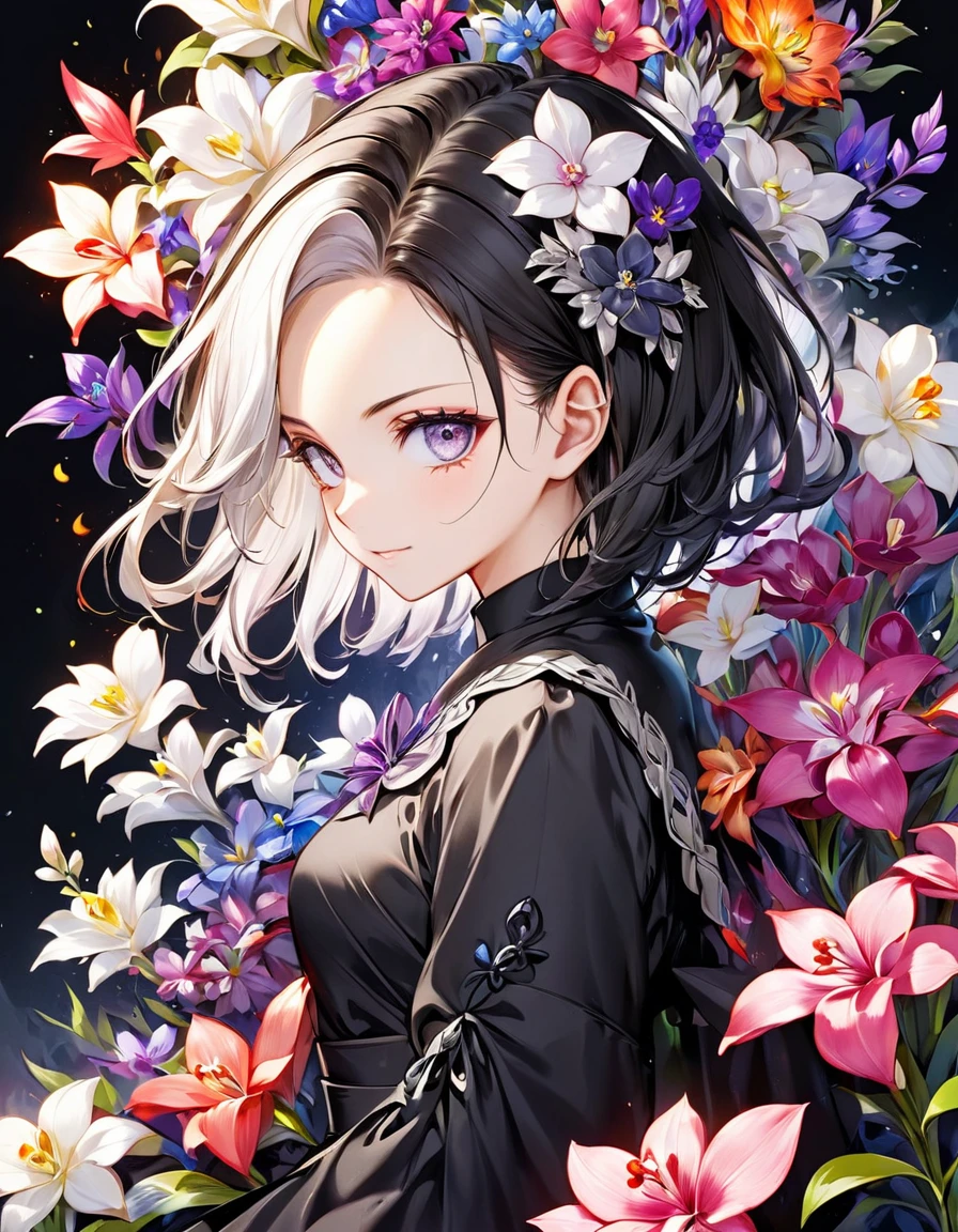 ódio no olhar Exquisite and charming anime style illustration, android 18 Naruto fusão com Vegeta dark Vernon fire in the orquídeas flower black fire black bed, a beautiful girl with withe black dark devil hair, silver eyes, half body, hiding in the flowers dark black , colorful and dazzling black . Intricate details, rendering and painting techniques come together to create a mesmerizing scene that evokes elegance and otherworldly elegance.