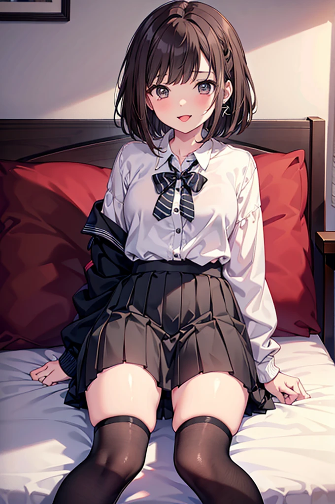 Brown hair JK Pleated skirt Blouse Black knee-high socks Big Tongue licking Horny Bedroom Masturbation