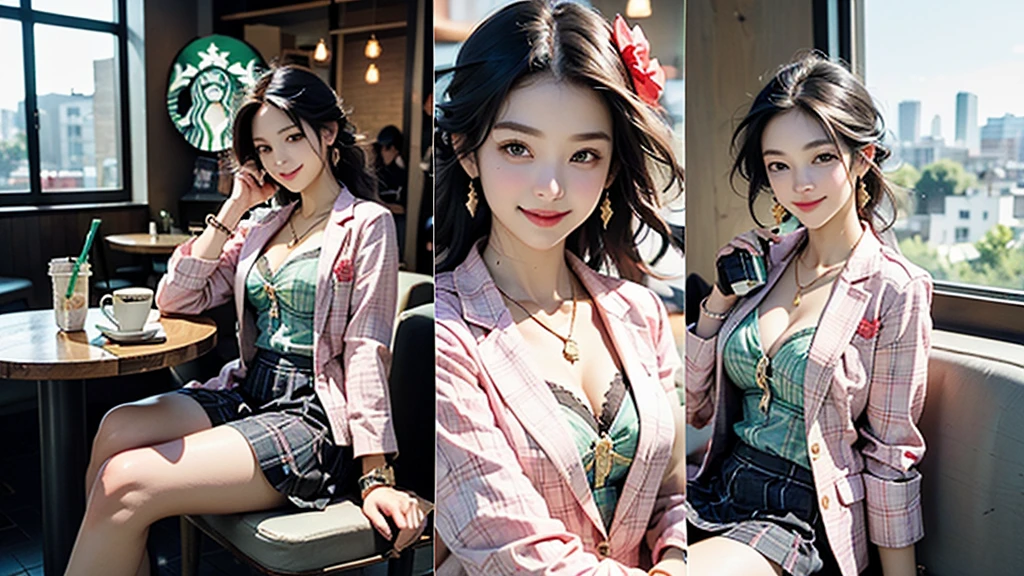 8K、RAW Photos、Highest quality、Super detailed、Super Resolution、Ultra HD、8K壁紙、Amazing details blazer uniform girl ((White blouse with formal collar, Pink Blazer, 
Black plaid skirt, Red checkered ribbon on blouse)), Complete limbs, Full Finger, 
(((((Inside the Starbucks store)))))、((16 year old female student))、(((((Eat cake、Drink coffee、smile)))))、(((Heart Necklace、Gold bracelet)))
(((Emphasize cleavage)))
((((Woman sitting at the window seat))))
(((Full body photo、The whole body is visible、Full body portrait)))
((((I can see the flower patterned bra))))
