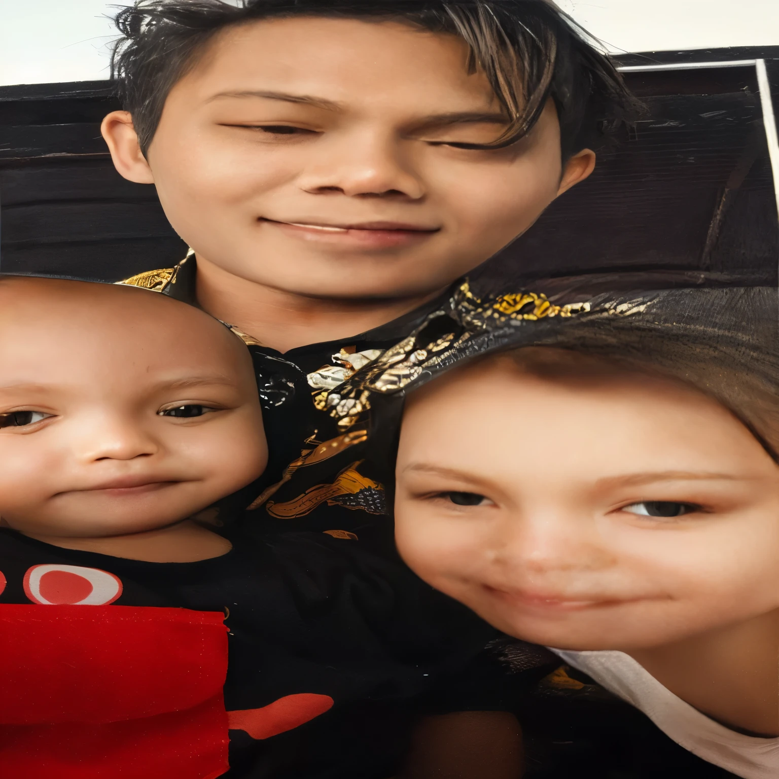 there are two people and a baby posing for a picture, an family portrait, barong family, with a kid