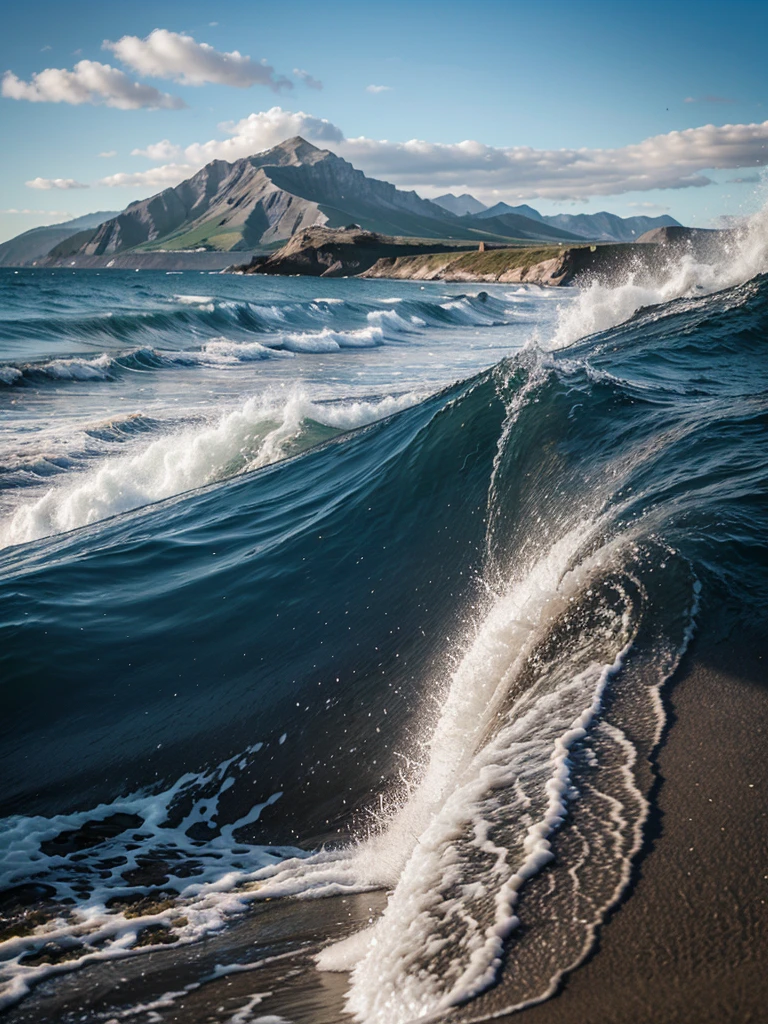 Realistic photo of the sea, waves, sand, mountain, blue sky, photo, great quality, hyper detailed