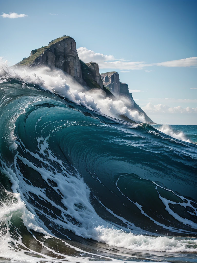 Realistic photo of the sea, waves, sand, mountain, blue sky, photo, great quality, hyper detailed