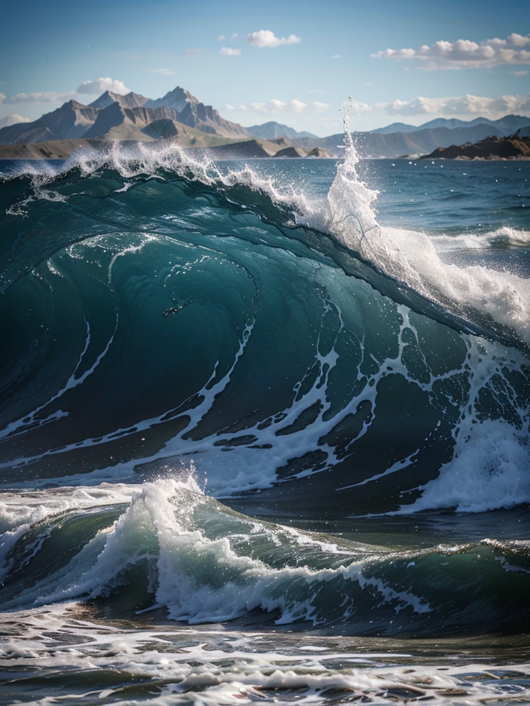Realistic photo of the sea, waves, sand, mountain, blue sky, photo, great quality, hyper detailed