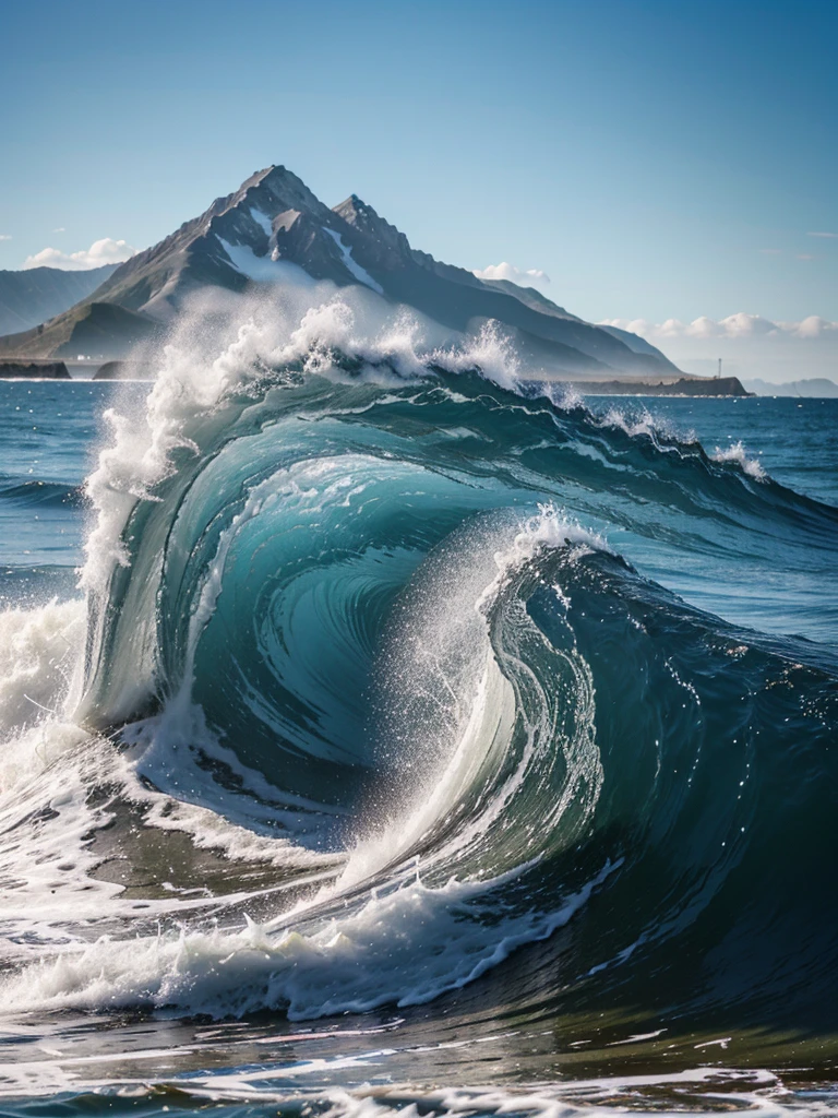 Realistic photo of the sea, waves, sand, mountain, blue sky, photo, great quality, hyper detailed