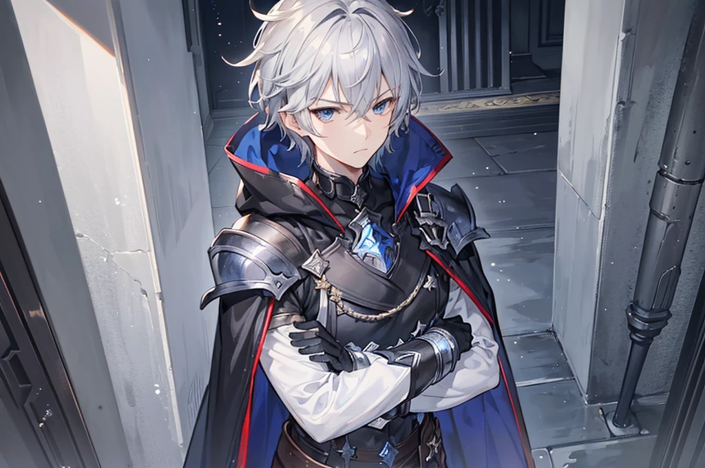 Handsome male, 17 years old, teenager, short grey hair, dark eyes, blue eyes, lucilius from granblue fantasy, close up, calm expression, stoic, grey military clothes, black cape, black gloves, crossed arms, upper body, looking at viewer, cowboy shot, black hallway background