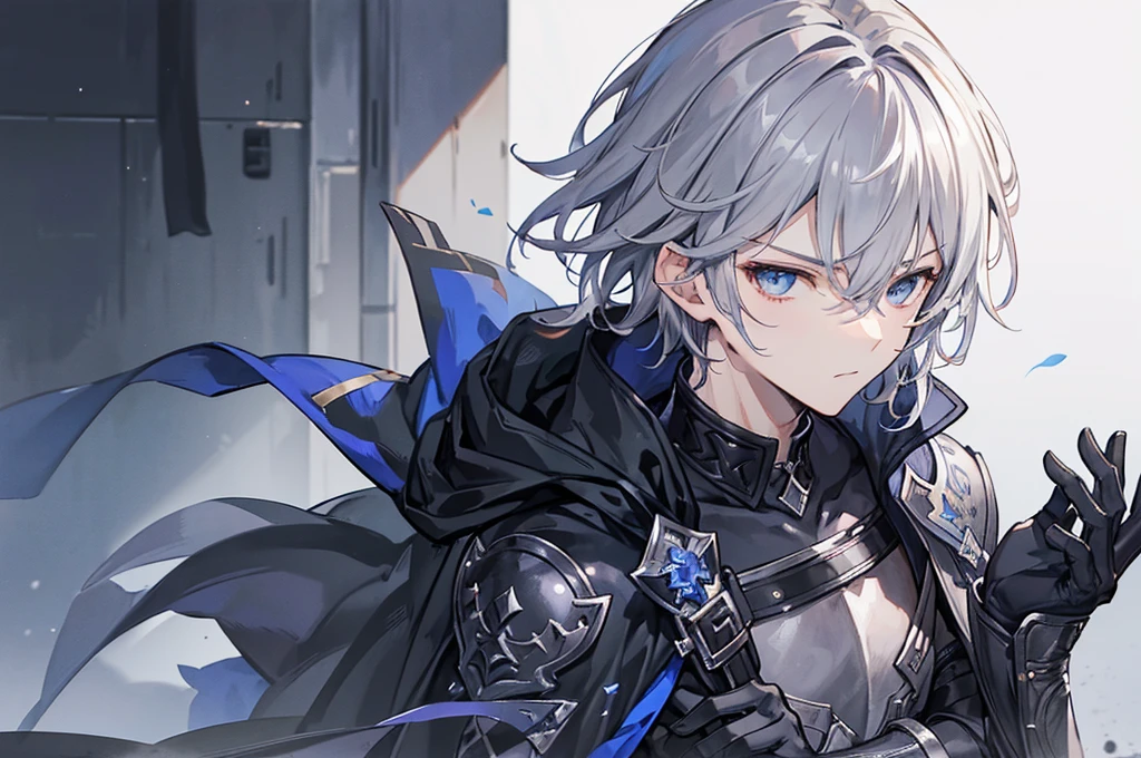 Handsome male, 17 years old, teenager, short grey hair, dark eyes, blue eyes, lucilius from granblue fantasy, close up, calm expression, stoic, grey military clothes, black cape, black gloves, crossed arms, upper body, looking at viewer, cowboy shot, black hallway background