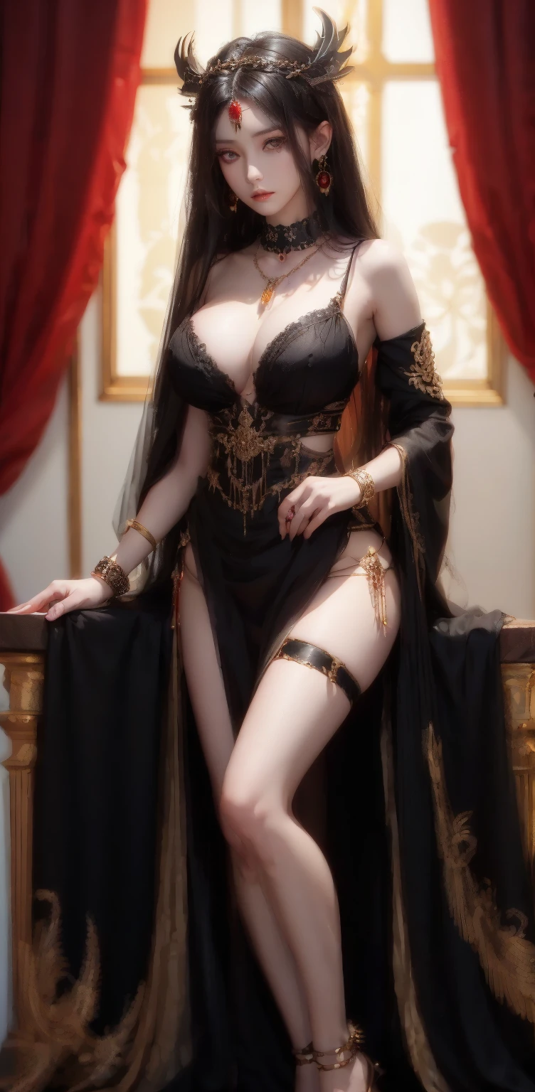 beautiful goddess of death, gothic clothes, black clothes combined with red and gold, headdress, hair ornaments, earrings, bracelets, necklaces, round breasts, slim waist, bent knees, open legs, huge breasts