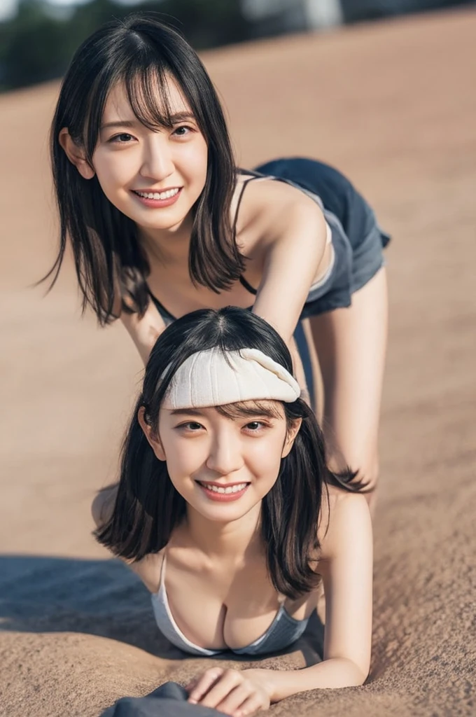 a woman,1 girl,black hair, hair bobbles, longeyelashes, solid circle eyes, light smile, mole under eye, piercing, light smile, shy, puckered lips, Surrealism, drop shadow, stereogram, ass pov, atmospheric perspective, depth of field, first-person view, f/1.8, 8K, super detail, ccurate, best quality, highres, best quality,full body,professional lighting,Cleavage
