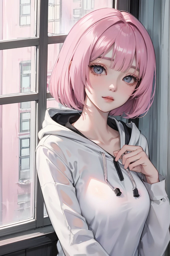 Absurd, masterpiece, Highest quality, Beautiful Korean women in webtoons, (heavy rain:1.1), ((Looking outside by the window on a rainy day)) , Pale pink short bob hair , Characters in Korean dramas, Anime Eyes, light hoody, masterpieceの背景, Detailed Background, (soft smile:1.2)