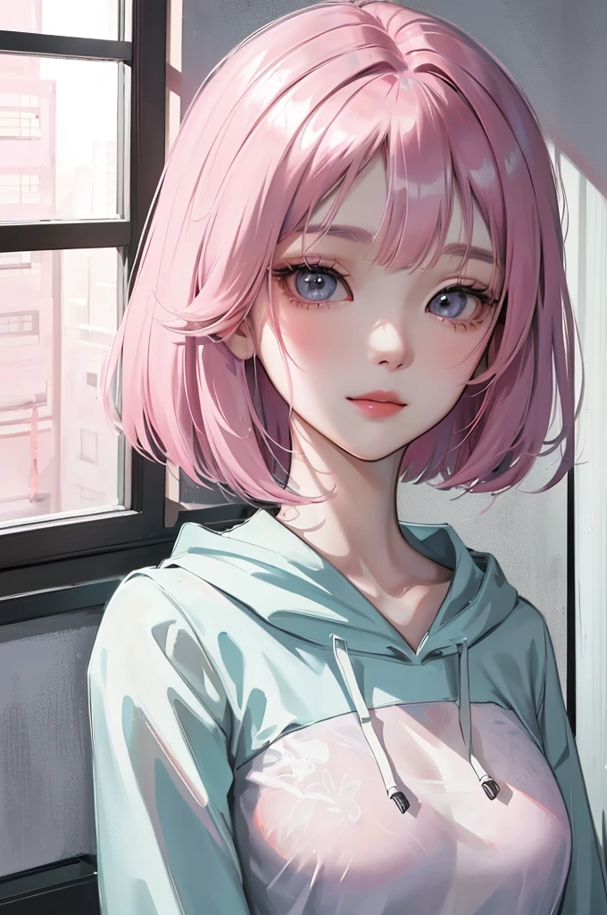 Absurd, masterpiece, Highest quality, Beautiful Korean women in webtoons, (heavy rain:1.1), ((Looking outside by the window on a rainy day)) , Pale pink short bob hair , Characters in Korean dramas, Anime Eyes, light hoody, masterpieceの背景, Detailed Background, (soft smile:1.2)