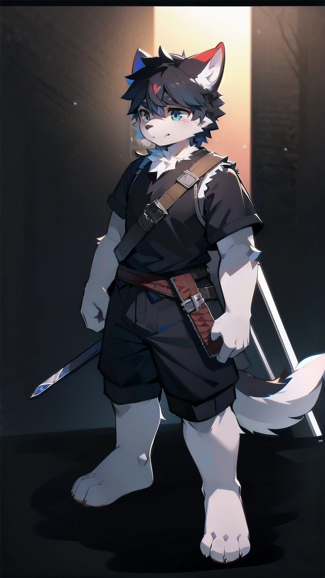 White Wolf,black hair,Sky blue eyes,hairy,Wolf ears,Wolf tail,Full body portrait,The character is in the center of the frame,Handsome,Confident eye***but,juvenile,Black and white combat uniform,Red neck bib,Black shorts,Short sleeve,hairy arms and legs,Dark background,Dark battlefield,dawn,sunrise,dawn,illumination,shadow,Swordsman,Scabbard and Hold the hilt of a in your hand,The scabbard is at the waist,Highest quality,A tall stature