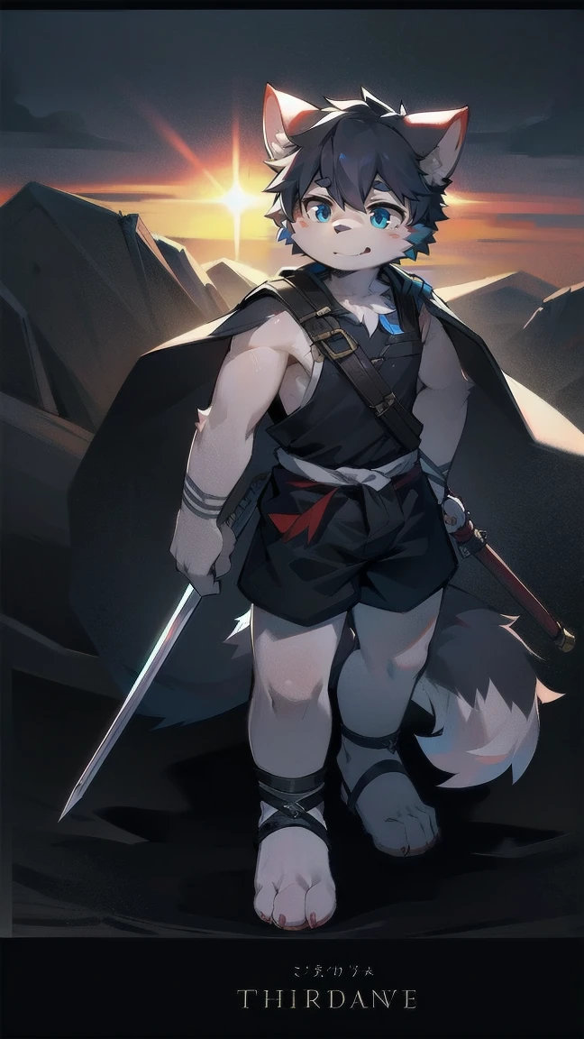 White Wolf，black hair，Sky blue eyes，hairy，Wolf ears，Wolf tail，Full body portrait，The character is in the center of the frame，Handsome，Confident eye***but，juvenile，Black and white combat uniform，Red neck bib，Black shorts，Short sleeve，hairy arms and legs，Dark background，Dark battlefield，dawn，sunrise，dawn，illumination，shadow，Swordsman，Scabbard and Hold the hilt of a in your hand，The scabbard is at the waist，Highest quality,A tall stature