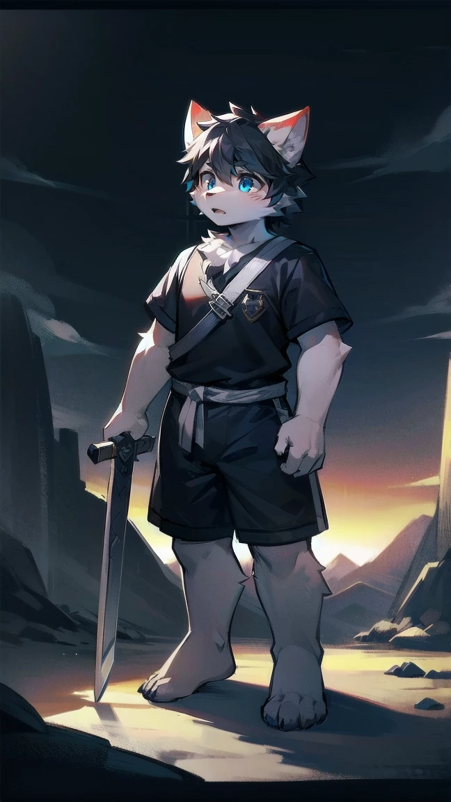 White Wolf，black hair，Sky blue eyes，hairy，Wolf ears，Wolf tail，Full body portrait，The character is in the center of the frame，Handsome，Confident eye***but，juvenile，Black and white combat uniform，Red neck bib，Black shorts，Short sleeve，hairy arms and legs，Dark background，Dark battlefield，dawn，sunrise，dawn，illumination，shadow，Swordsman，Scabbard and Hold the hilt of a in your hand，The scabbard is at the waist，Highest quality,A tall stature