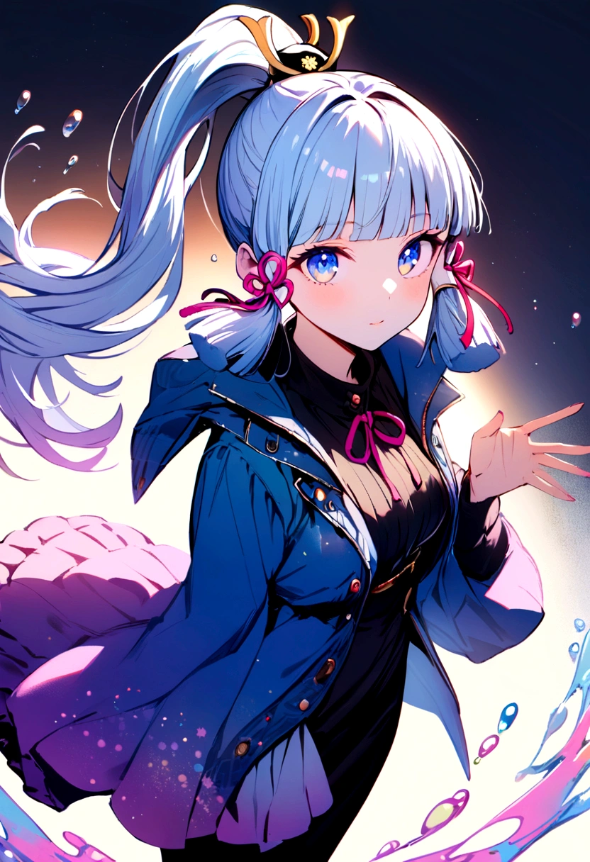 (masterpiece), (Best quality), (ultra detailed),(wild hair),(illustration), (1 girl), (fashion clothes), standing, model, Looking at the viewer, (interview), (simple background),beautiful detailed eyes, gentle beautiful face, Floating,(high saturation),(colorful splashes),colorful bubble,(brilliant), focus on the face,  ponytail, Kamisato Ayaka, light blue hair, bang, hair ring, floating flowers, floating hair, (brilliant), better lighting, best shadow,