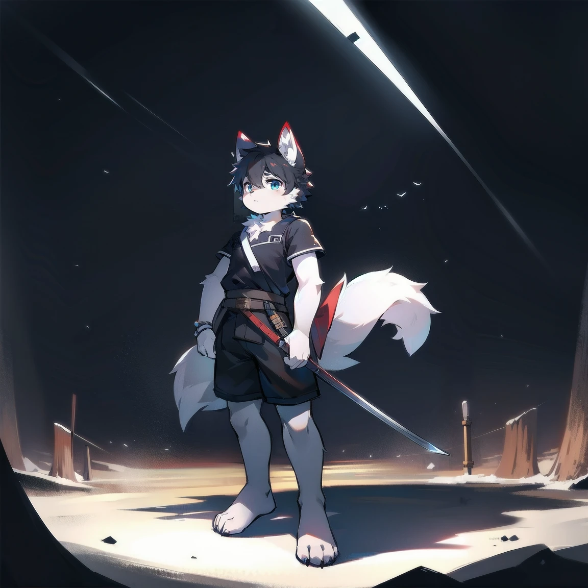 White Wolf,black hair,Sky blue eyes,hairy,Wolf ears,Wolf tail,Full body portrait,The character is in the center of the frame,Handsome,Confident eye***but,juvenile,Black and white combat uniform,Red neck bib,Black shorts,Short sleeve,hairy arms and legs,Dark background,Dark battlefield,dawn,sunrise,dawn,illumination,shadow,Swordsman,Scabbard and Hold the hilt of a in your hand,The scabbard is at the waist,Highest quality,A tall stature