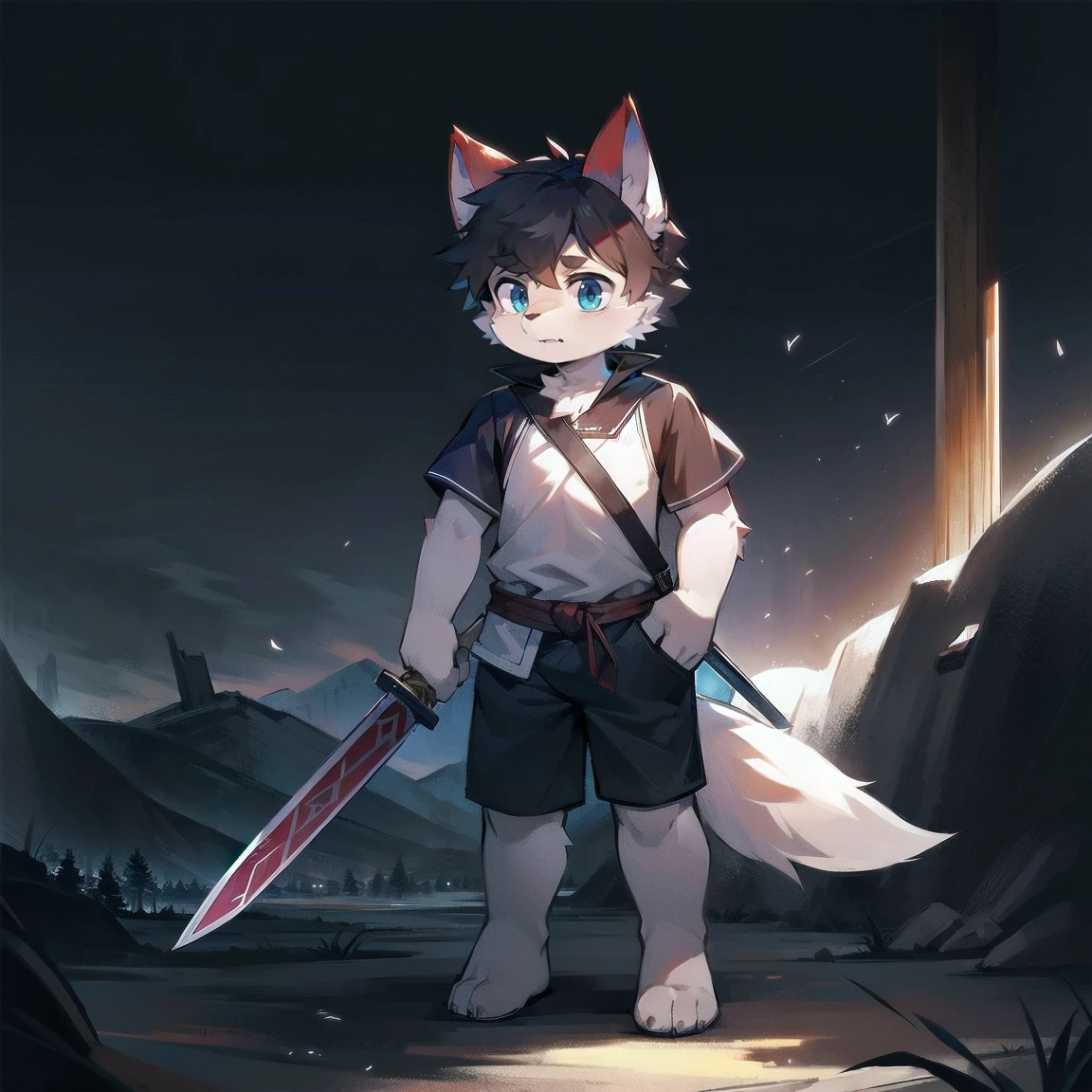 White Wolf，black hair，Sky blue eyes，hairy，Wolf ears，Wolf tail，Full body portrait，The character is in the center of the frame，Handsome，Confident eye***but，juvenile，Black and white combat uniform，Red neck bib，Black shorts，Short sleeve，hairy arms and legs，Dark background，Dark battlefield，dawn，sunrise，dawn，illumination，shadow，Swordsman，Scabbard and Hold the hilt of a in your hand，The scabbard is at the waist，Highest quality,A tall stature