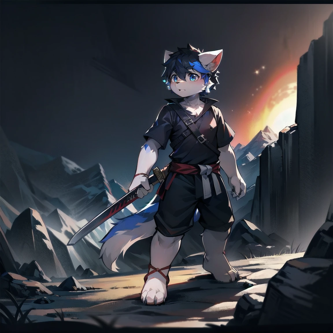 White Wolf,black hair,Sky blue eyes,hairy,Wolf ears,Wolf tail,Full body portrait,The character is in the center of the frame,Handsome,Confident eye***but,juvenile,Black and white combat uniform,Red neck bib,Black shorts,Short sleeve,hairy arms and legs,Dark background,Dark battlefield,dawn,sunrise,dawn,illumination,shadow,Swordsman,Scabbard and Hold the hilt of a in your hand,The scabbard is at the waist,Highest quality,A tall stature