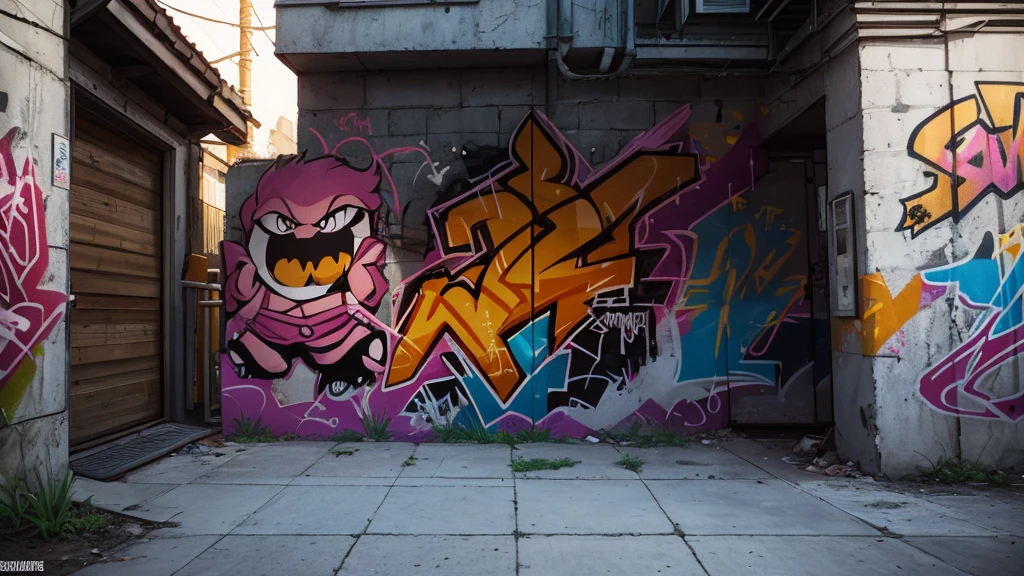 In the midst of the urban jungle, brick walls come alive with a variety of graffiti comics. Each piece is unique, with vibrant colors and bold graffiti styles blending seamlessly into the textured concrete background. Smoke and fire graffiti create an edgy, dynamic atmosphere, while 3D graffiti textures add depth and dimension. The hand-drawn cartoon art style is playful, suggestive, and elaborately detailed. Hard edges and sharp lines create a sense of energy as the walls pulse with the rhythm of the city. The atmosphere is filled with the hiss of spray paint and (doodles of cartoon characters),