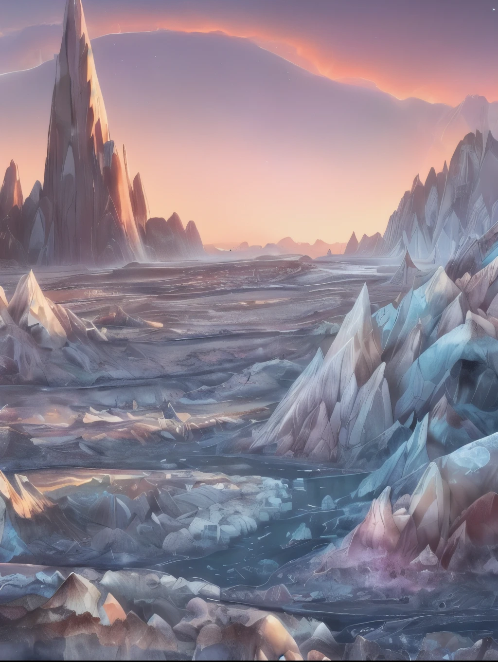 Planet of crystals and gems, (((crystals and gems)), fantasy art alien planet, valley of crystals and salt deposits, a mountain river with crystalline banks runs diagonally, Samdoesarts style. Stunning landscape, Huge scale, soft colors, Muted contrast, very detailed and confusing. mountain valley river. Valley of crystals on the planet, space fiction, many sharp protruding rock crystals, crystals sparkle and shimmer, light fog,  sunrise. divine rays, sharp focus, (((View from the ground))) in the foreground there are large glass stones with protruding crystals