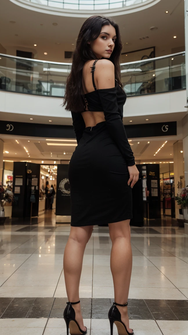 girl standing with cross legs, both hands on her back, wearing full black dress, gothic style, black high heels, long dark hair, beautiful face, inside tall shopping mall background, view distance about 10 meters,