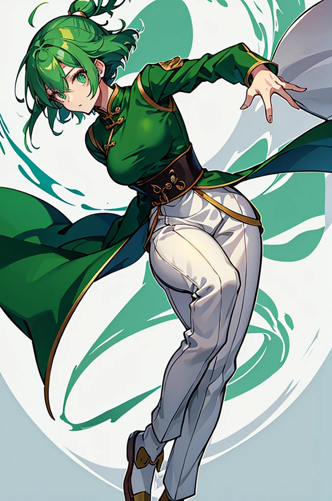 Green Hair、Her hair is short、small breast、standing、full body、Fighter、male、Uniform、Chinese Knight、Chinese style、White background、No exposure、China dress、pants、band、front、White is the main color of the outfit、Kung Fu