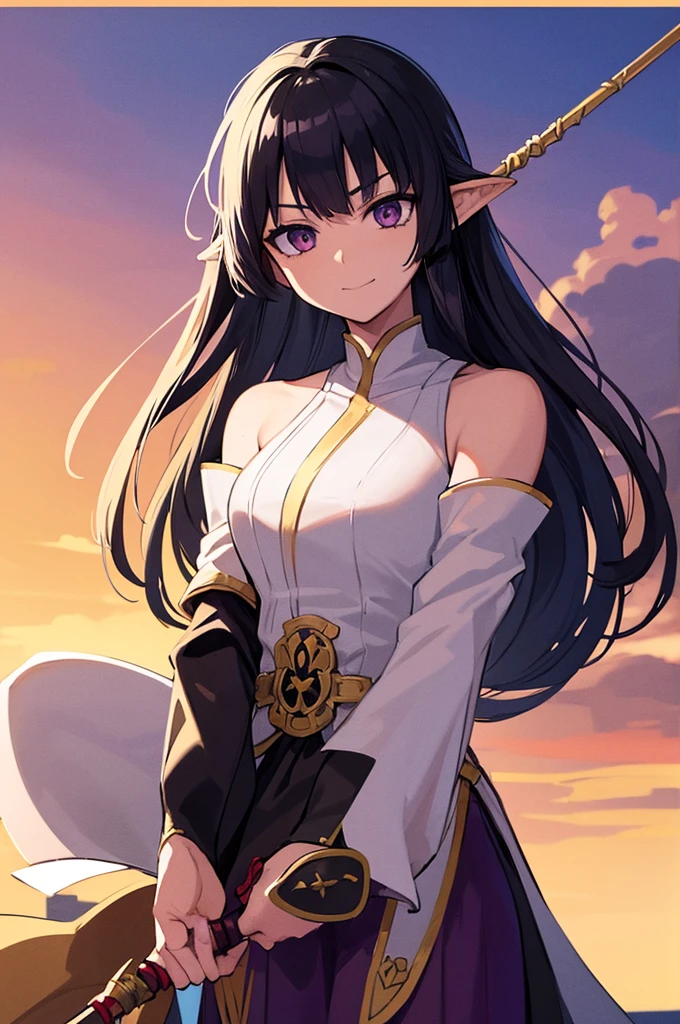 Highest quality, masterpiece, High resolution, alone, （Fire emblem），（FE Heroes_Ayla），Evening sky_background，Young Girl，（smug face），（black_Hair Color）, （Straight Long_Hairstyle），4K, masterpiece,， alone, 1,whole body，looking at the camera, White Domaru，Long sword，（purple_coat）Sharp Eyes，（Full Finger）, （Cane_Swing up）, （The finer details）, （Anatomically correct）, (映画のbackground), Hyper Detail, (Subtle details), (Intricate details)