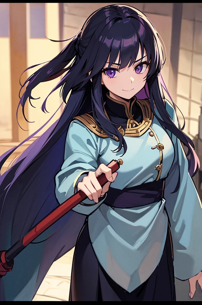 Highest quality, masterpiece, High resolution, alone, (Fire emblem),(FE Heroes_Ayla),Evening sky_background,Young Girl,(smug face),(black_Hair Color), (Straight Long_Hairstyle),4K, masterpiece,, alone, 1,whole body,looking at the camera, White Domaru,Long sword,(purple_coat)Sharp Eyes,(Full Finger), (Cane_Swing up), (The finer details), (Anatomically correct), (映画のbackground), Hyper Detail, (Subtle details), (Intricate details)