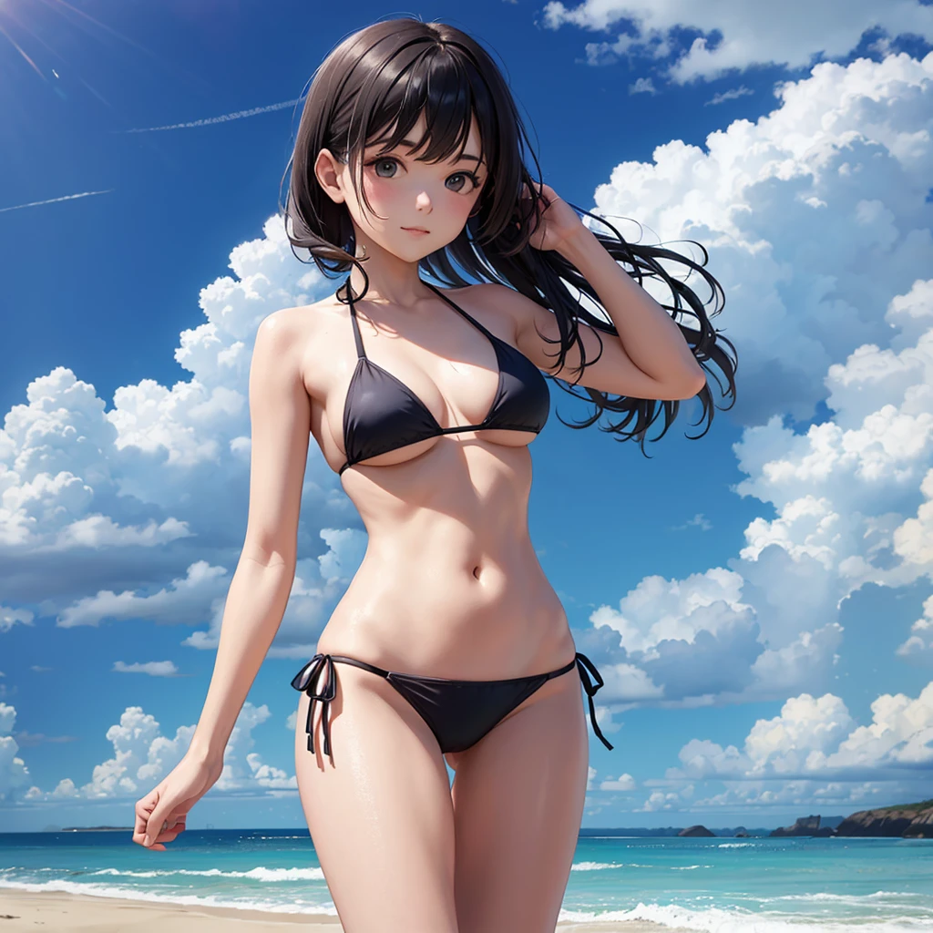 a one woman, just in a bikini, at beach,