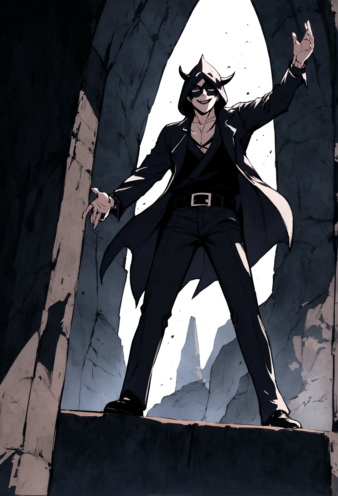 our main character is standing on cliff below that cliff is a volacano lava is erupting from it make a background dark in anime style man is standing with his hand streched open in titanic pose. character is wearing a hood of dark shade, character is also wearing a mask hiding his half face, under his eye there is a scar mark, character is laughing like a villan