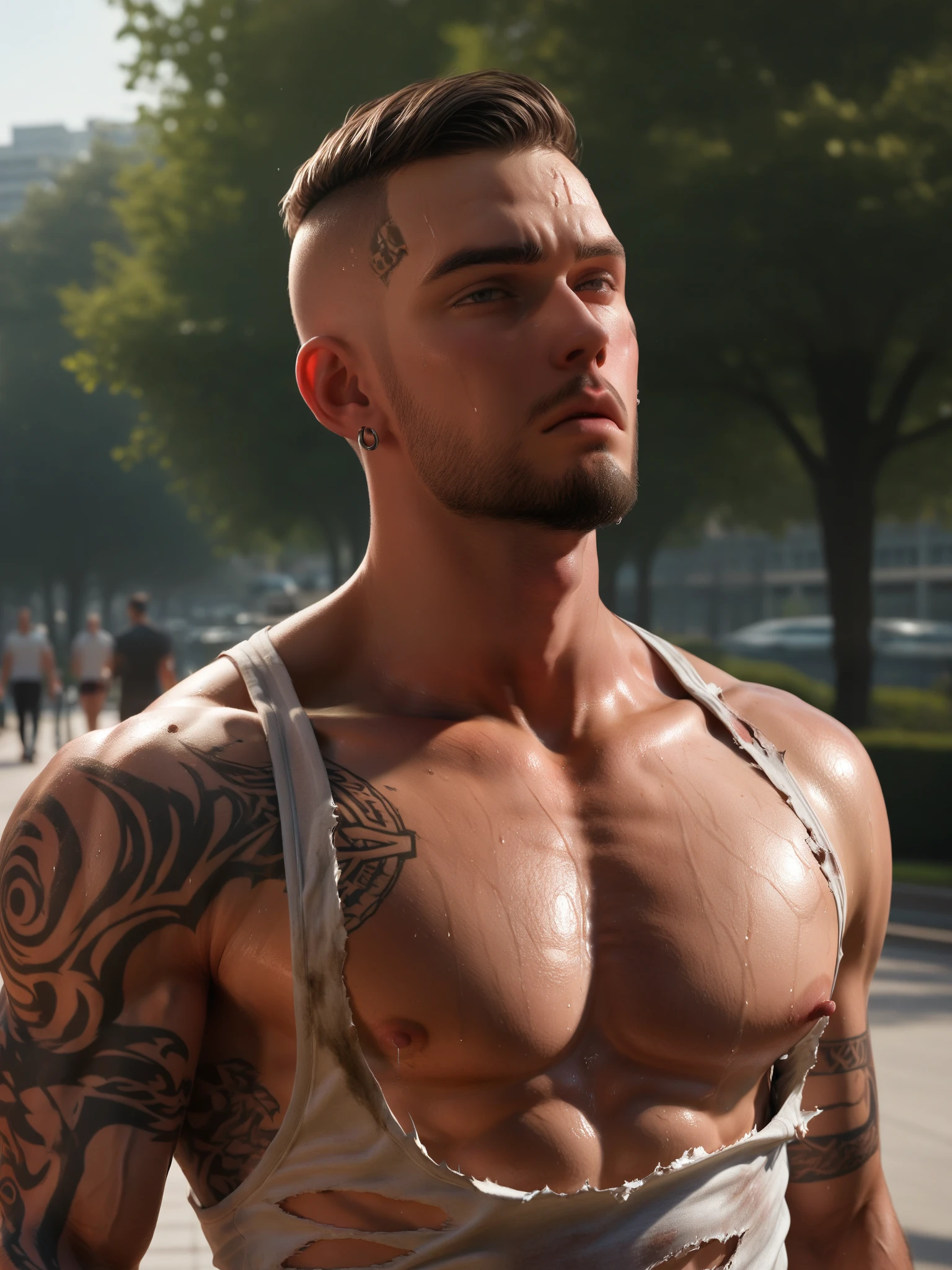 realistic, 1boy, 30 year old, chav, rough, sweaty, Mancunian, mean, bully, druggie, shaved head, beard, park background, upper half body, torn tank top, nipples, tattoos, single earring, piercing, head tilted back, masculine pose
