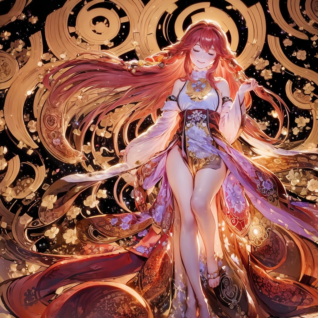 A beautiful princess with long flowing red hair dances in a swirling gown, surrounded by stars, flowers, and suns. Filled with joy, her eyes are closed, reveling in the moment. Art Nouveau, whimsical, fairytale, inspired by Alphonse Mucha and Arthur Rackham, soft lighting, warm colors, intricate details, painterly style.