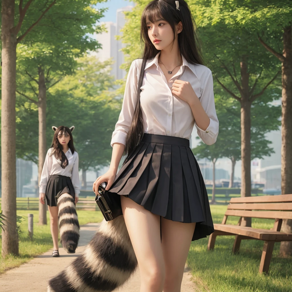 Two girls with twin tails are riding deer in the park, wearing long socks, tiny bikinis, miniskirts, and long coats.。Image from the knee up