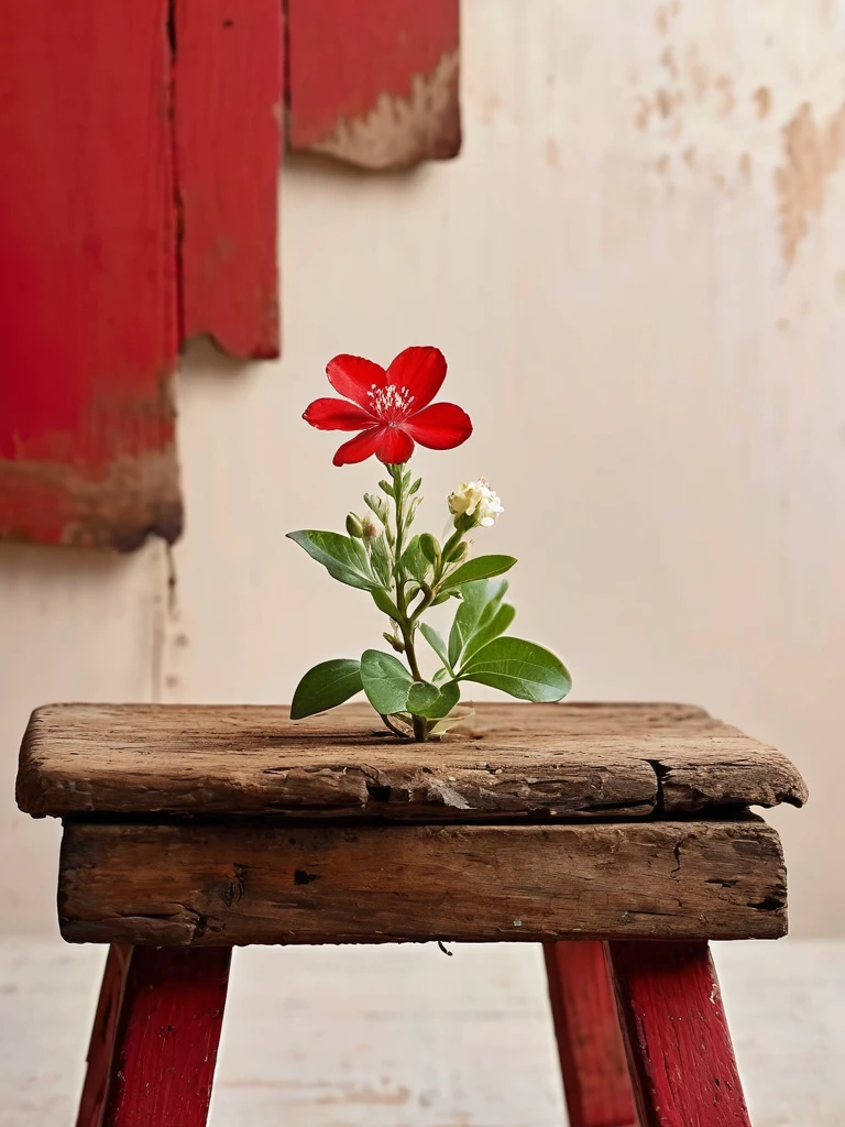 Solid red background,A small flower grows on the old wooden stool,50%White Space
