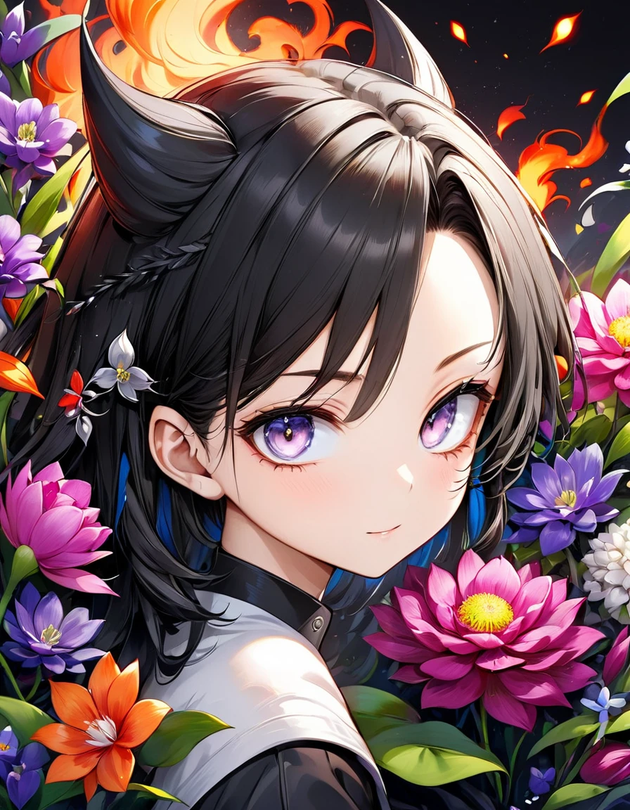 ódio no olhar Devil dark Power black Exquisite and charming anime style illustration, android 18 Naruto fusão com Vegeta dark Vernon fire in the orquídeas flower black fire black bed, a beautiful girl with withe black dark devil hair, silver eyes, half body, hiding in the flowers dark black , colorful and dazzling black . Intricate details, rendering and painting techniques come together to create a mesmerizing scene that evokes elegance and otherworldly elegance.