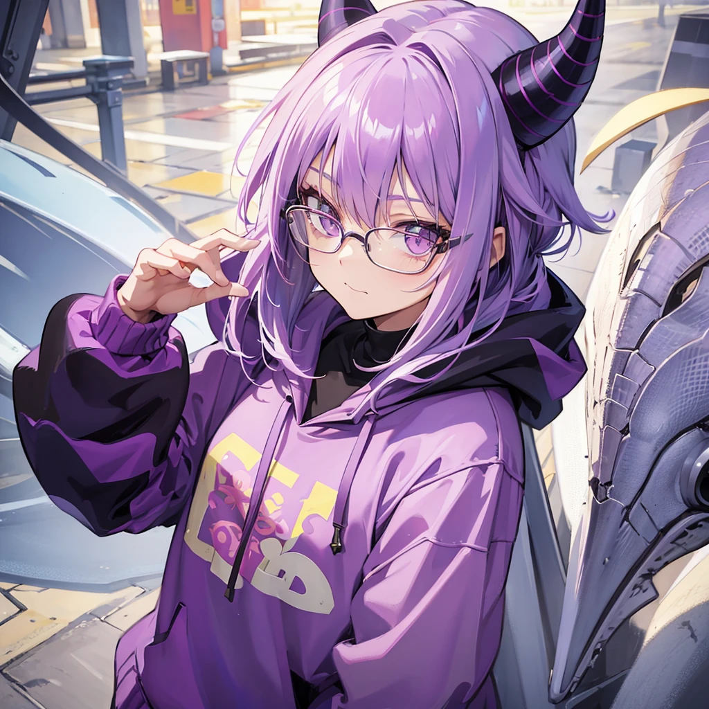 A girl with light purple hair and a smug face with glasses and a hoody and small dragon horns