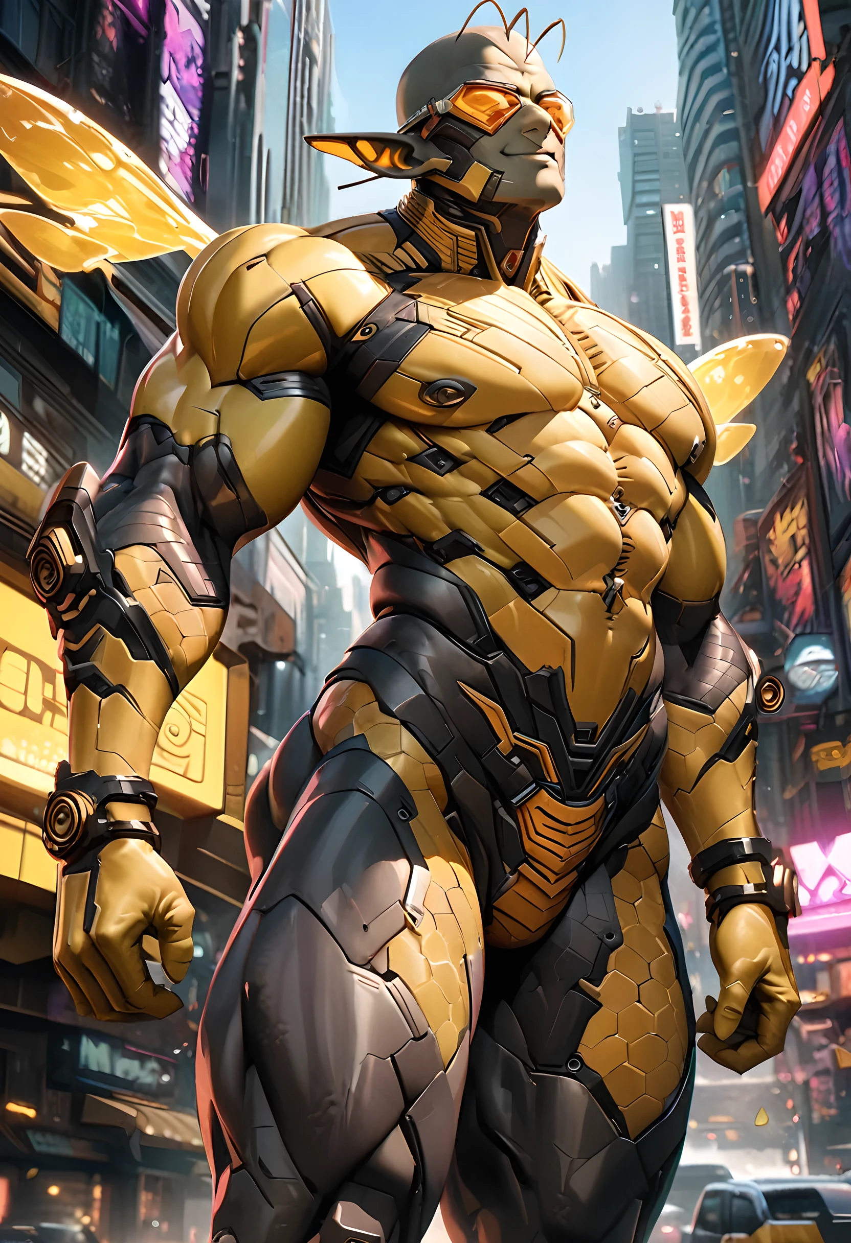 ((absurdres)) perfect whole body, ultra photorealistic, top quality, Photorealistic, ((16k UHD)) High Definition, high-res, ultra sharp, masterpiece, the best quality, intricate details, detailed eyes, perfect face detailed face, (((in a cyberpunk city))) orange goggles, masterpiece, highly detailed exquisite character art, perfectly detailed anatomy, detailed body, detailed pecs, hyper pecs, thick thighs, (((sunny weather))) (((natural lights))), ultra-realistic, (((1male))) ((tall muscular man male humanoid)), bald, humanoid yellow skin, bee anatomy, deity, god of honey bees, humanoid black & yellow skin tone, yellow hue, powerful humanoid appearance, compound eyes, stinger, abdomen, metallic scales, scales. Metallic armour, wings, elf ears, glossy skin, large smirking face, flying in the sky, mandibles, Antenna, honey, ((male muscular stripe black & yellow humanoid insect honey bee)) (((yellow skin))), (((black skin)))
