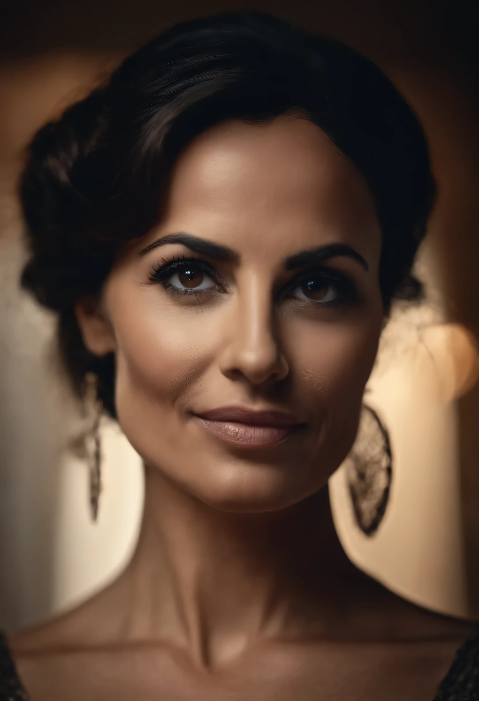 40 years old woman, face oval, Big dark brown eyes, curved nose, fleshy lips