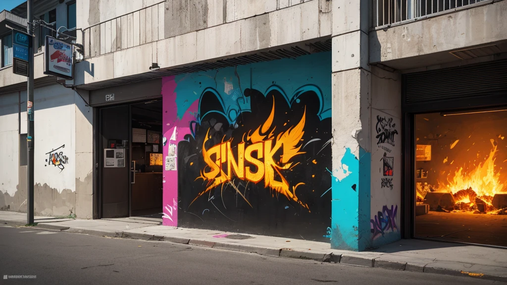 In the midst of the urban jungle, brick walls come alive with a variety of graffiti comics. Each piece is unique, with vibrant colors and bold graffiti styles blending seamlessly into the textured concrete background. Smoke and fire graffiti create an edgy, dynamic atmosphere, while 3D graffiti textures add depth and dimension. The hand-drawn cartoon art style is playful, suggestive, and elaborately detailed. Hard edges and sharp lines create a sense of energy as the walls pulse with the rhythm of the city. The atmosphere is filled with the hiss of spray paint and (doodles of cartoon characters),