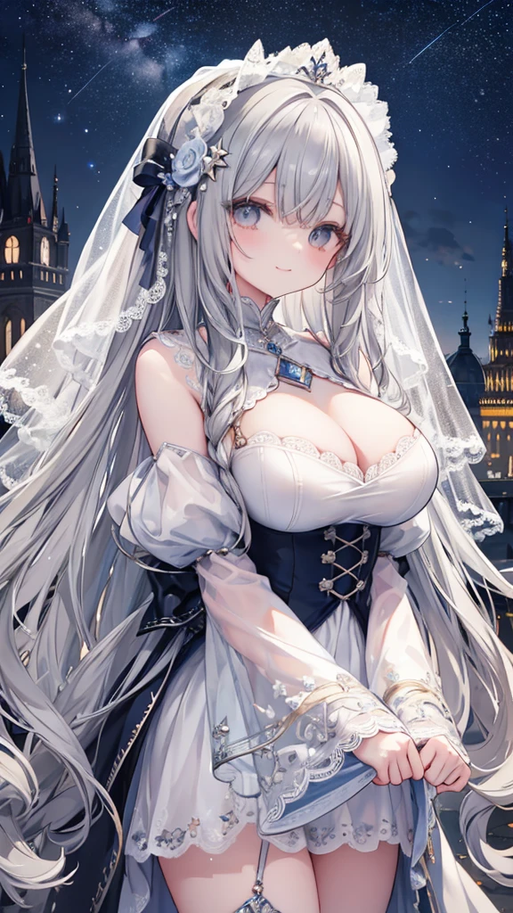 Masterpiece、Highest quality、Super detailed、Fluffy and soft long hair、Gray Hair、Diamond Eyes、Big Tits、Too big breasts、Starry Skyの模様のドレス、mysterious cityscape、Starry Sky、Starry Skyのリボン、smile、Lace veil