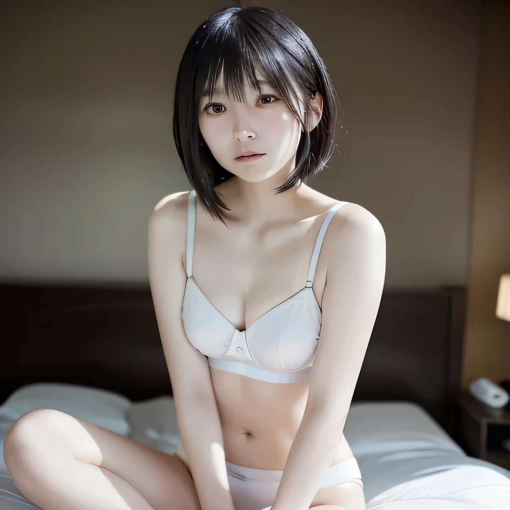 Japanese woman in white underwear ,Neat and black lob hair ,Small breasts ,A hotel room ,Sitting on the bed ,