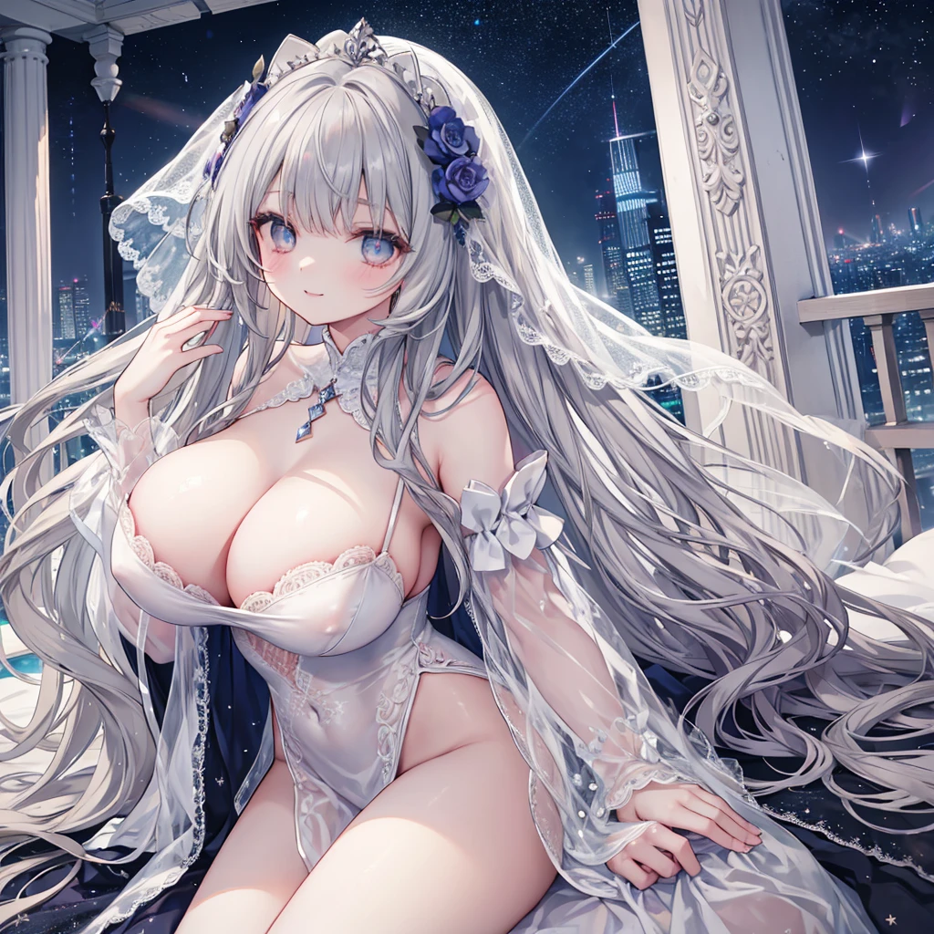 Masterpiece、Highest quality、Super detailed、Fluffy and soft long hair、Gray Hair、Diamond Eyes、Big Tits、Too big breasts、Starry Skyの模様のドレス、mysterious cityscape、Starry Sky、Starry Skyのリボン、smile、Lace veil