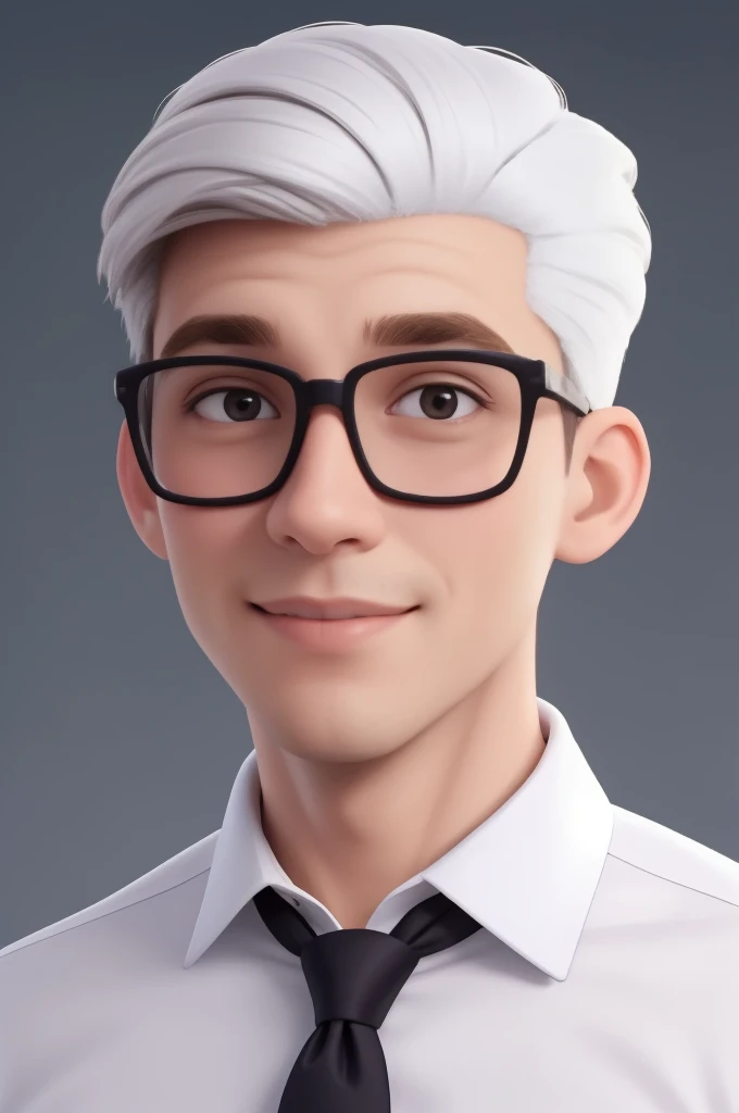a man of 30, with short brown hair,it's made of diamonds, strict look, and brown eyes, Wearing white white shirt with tie and glasses.