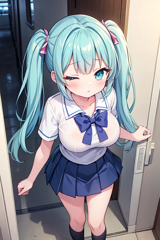 NSFW，(miku hatsune)，blouse over naked，a school bag，vaginal，sex，perspiring，((6years old))，short stature，flat chest，I'm on the bus，