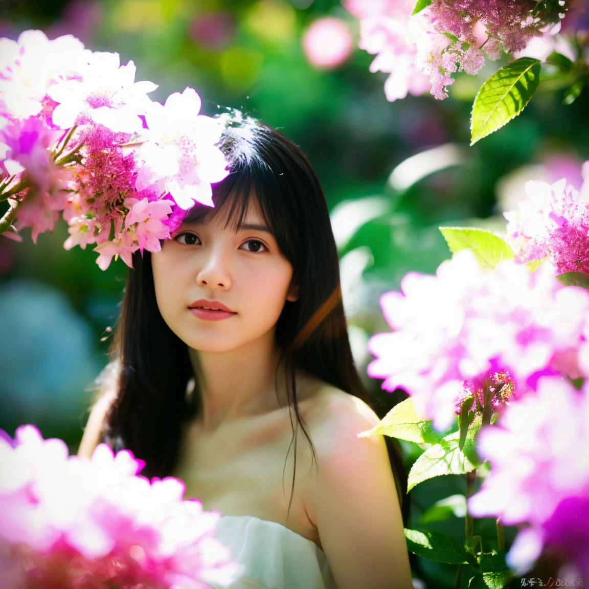 (Photorealistic:1.1)、42-year-old woman、Full nudity、Lens flare、Natural soft light、Backlight、Black-haired、Buried in blooming flowers