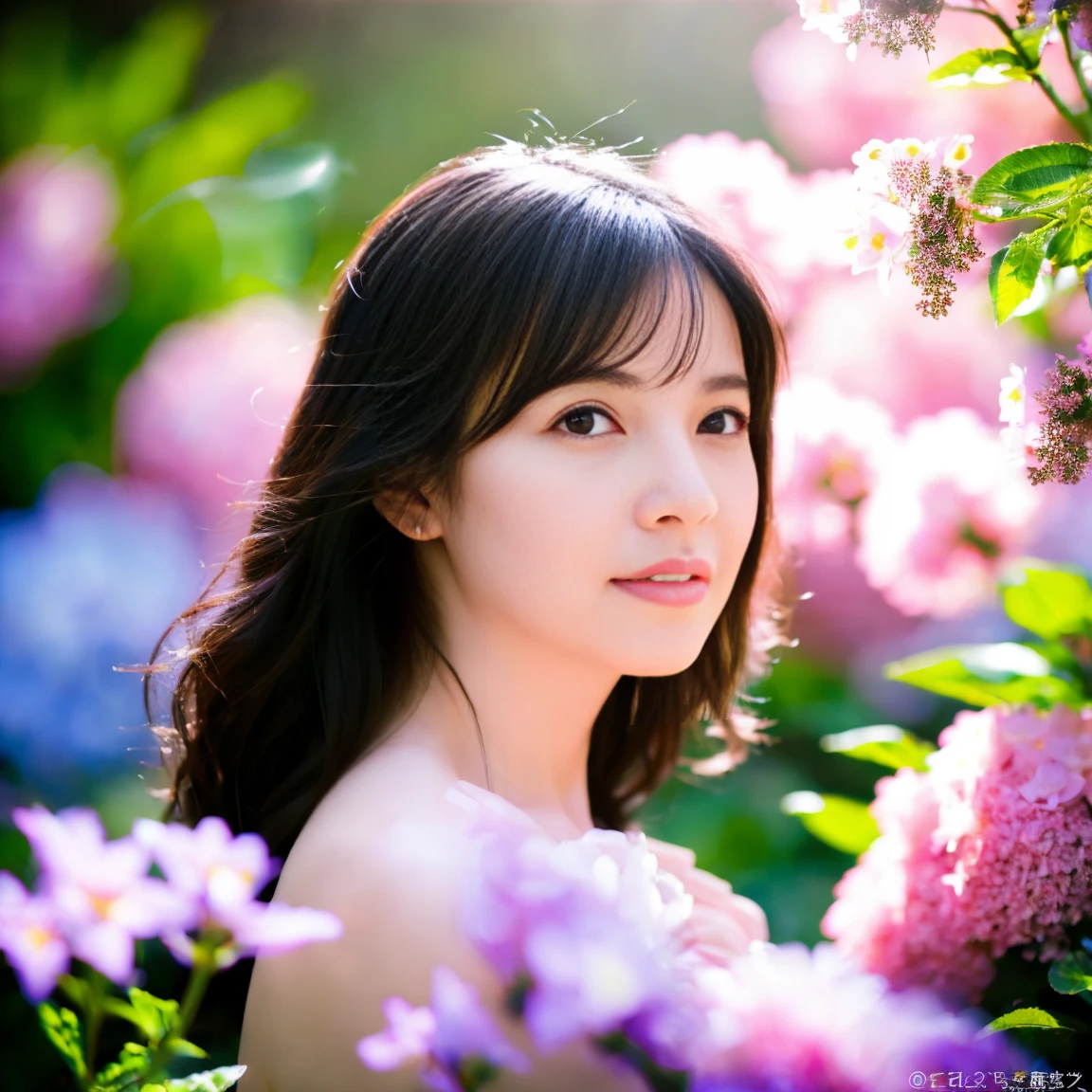 (Photorealistic:1.1)、42-year-old woman、Full nudity、Lens flare、Natural soft light、Backlight、Black-haired、Buried in blooming flowers