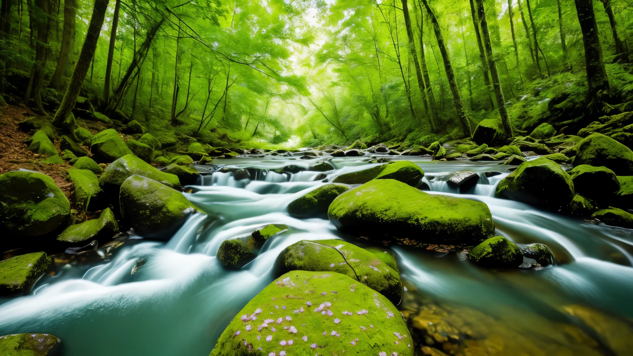 Professional photography, highest resolution DSLR camera Maximum details Perfect shadow, 16K image, flowing water, stream, green trees, flowers.