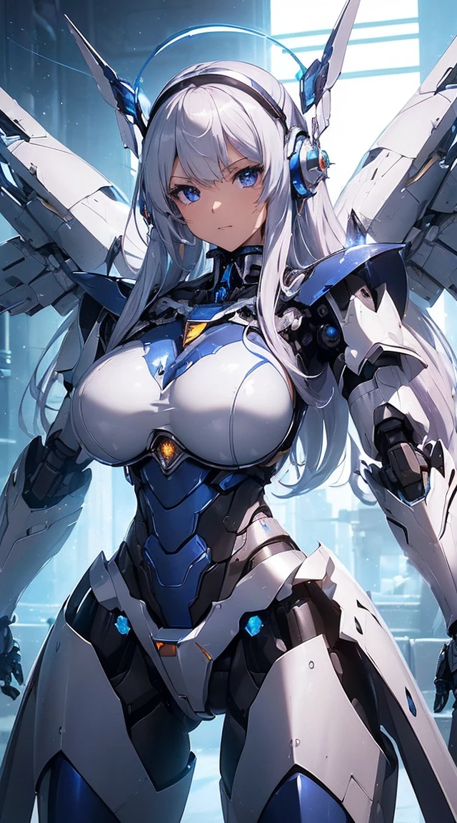 ((Intense action pose:1.6))、((Shining lenses on both breasts:1.3))、((Blue pillars of light are emanating from both chests.:1.3))、smile、((8K)), ((32k)), ((Highest quality)), ((masterpiece)), ((超A high resolution)), ((Tmasterpiece)), ((Halation:1.4))、((Mechaニカルheadgear:1.2))、((Cyber Headphones:1.3))、Fine skin, High quality fabric, Fine metal texture、((Beautiful and dense face))、RAW Photos、Professional, Ultra-fine painting, ((alone)), Beautiful breasts、Highest quality, Very detailed, Very detailed詳細, Finer details, so beautiful, ((Princess Knight Robot:1.2)), (Joints of machines, Mechanical Limbs:1.3), (The internal structure of the machine is exposed:1.3), (Long silver hair:1.1), (Beautiful and huge mechanical breasts)、White Veil, cowboy_shot, Side Focus, headgear, Shiny、(Five Fingers, Four fingers and thumb),Concept Art, Anime fantasy artwork, Detailed fantasy art, (with pale blue-violet hair and large white wings,,,,,,,), (((Long silver hair))), (Mecha:1.6)、Sleek and intimidating design, ((Commander-in-Chief'arm)), (Perfect robot body)、純白と青紫armまたは, Symmetrical wings, 8K high quality, detailed art, 3D rendering of character art in 8K, neat legs, Defined, Defined fingers,