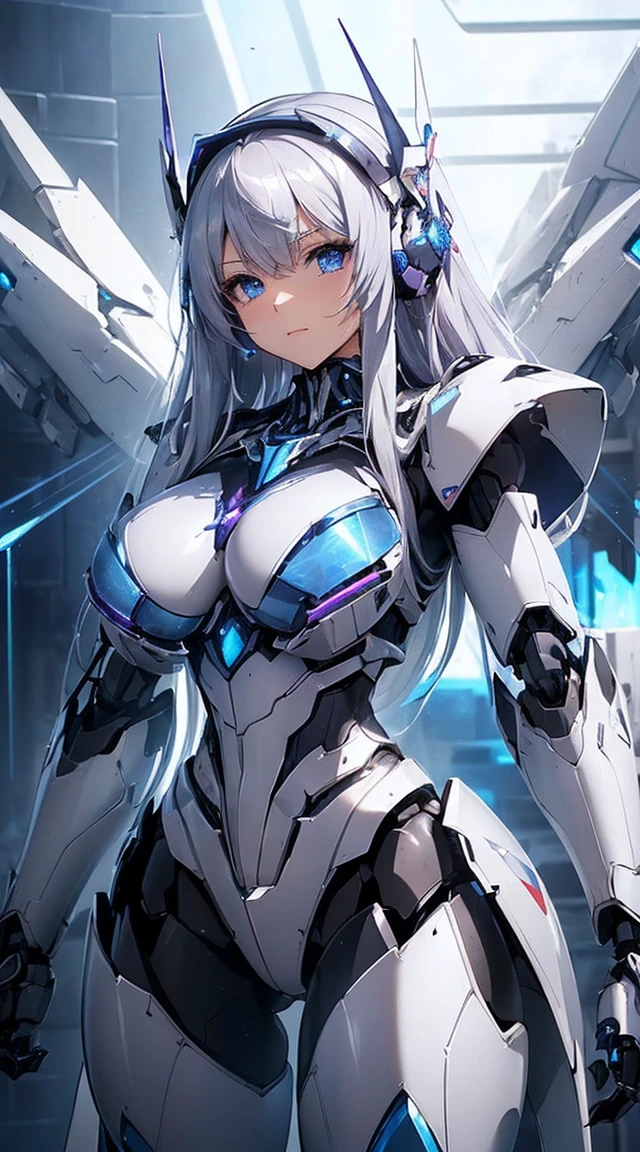 ((Intense action pose:1.6))、((Shining lenses on both breasts:1.3))、((Blue pillars of light are emanating from both chests.:1.3))、smile、((8K)), ((32k)), ((Highest quality)), ((masterpiece)), ((超A high resolution)), ((Tmasterpiece)), ((Halation:1.4))、((Mechaニカルheadgear:1.2))、((Cyber Headphones:1.3))、Fine skin, High quality fabric, Fine metal texture、((Beautiful and dense face))、RAW Photos、Professional, Ultra-fine painting, ((alone)), Beautiful breasts、Highest quality, Very detailed, Very detailed詳細, Finer details, so beautiful, ((Princess Knight Robot:1.2)),  (Joints of machines, Mechanical Limbs:1.3), (The internal structure of the machine is exposed:1.3), (Long silver hair:1.1), (Beautiful and huge mechanical breasts)、White Veil, cowboy_shot, Side Focus, headgear, Shiny、(Five Fingers, Four fingers and thumb),Concept Art, Anime fantasy artwork, Detailed fantasy art, (with pale blue-violet hair and large white wings,,,,,,,), (((Long silver hair))), (Mecha:1.6)、Sleek and intimidating design, ((Commander-in-Chief&#39;arm)), (Perfect robot body)、純白と青紫armまたは, Symmetrical wings, 8K high quality, detailed art, 3D rendering of character art in 8K, neat legs, Defined, Defined fingers,