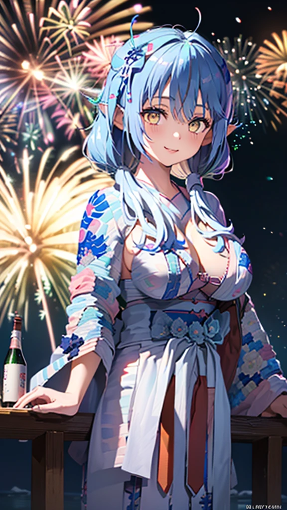 (masterpiece, Highest quality, Super detailed),One girl,((super fine illustration)),((cute eyes,highly detailed skin)),((smile)),((well endowed,Blessed,Captivating body、Detailed Background))、(yukata:1.5),firework,(大量のfirework,Night view,Ocean)、Festivals, (full body)
